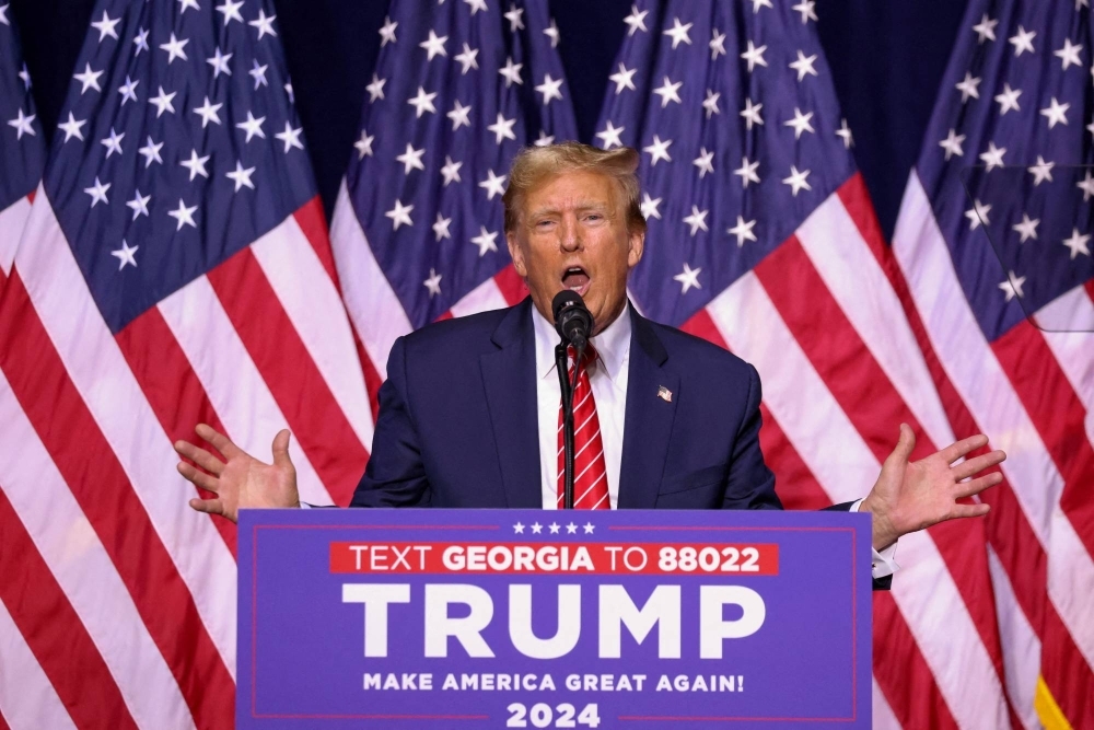 Republican presidential candidate and former U.S. President Donald Trump speaks during a campaign rally at the Forum River Center in Rome, Georgia, on March 9.