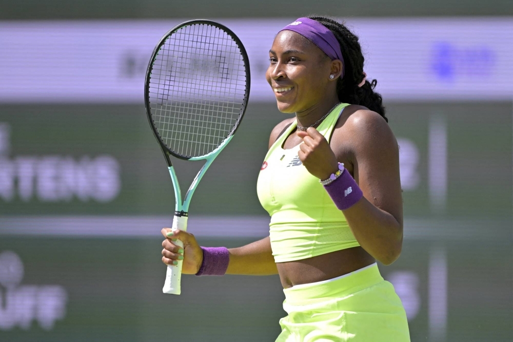 Coco Gauff celebrates after defeating Elise Mertens in the BNP Paribas Open at Indian Wells, California, on Wednesday.