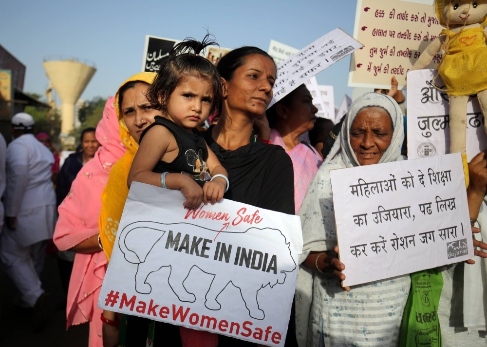 Women attend a protest in 2018 against the rape of three girls, an 8-year-old, an 11-year-old and a teenager, in different parts of India. The country experiences alarming rates of sexual violence against women.