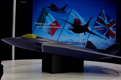 A concept model of the Global Combat Air Programme's fighter jet is displayed at the DSEI Japan defense show at Makuhari Messe in Chiba in March 2023.