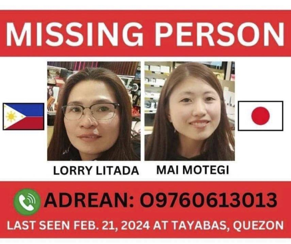 A notice by Filipino police calling for information related to two missing women, Lorry Litada and her daughter Mai Motegi