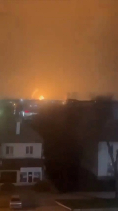 This screen grab from a video purportedly shows an explosion at the Slavyansk oil refinery in Russia's Krasnodar region on Sunday. 