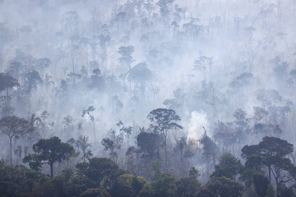 Smoke rises as trees burn in Brazil's Amazon rainforest in August 2023
