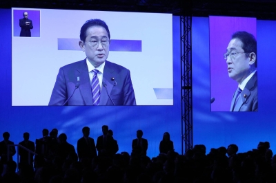 Prime Minister and Liberal Democratic Party President Fumio Kishida delivers a speech during the LDP's 91st party convention in Tokyo on Sunday.