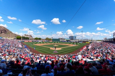 Fans watch spring training game between the Chicago Cubs and Los Angeles Angels at Tempe Diablo Stadium in Tempe, Arizona, on Saturday.
