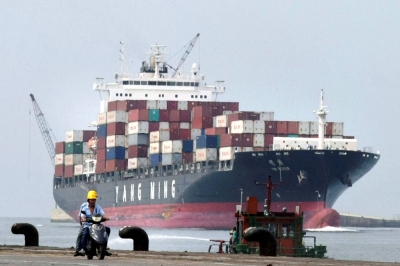 A container ship passes at Keelung port in northern Taiwan in July 2010.
