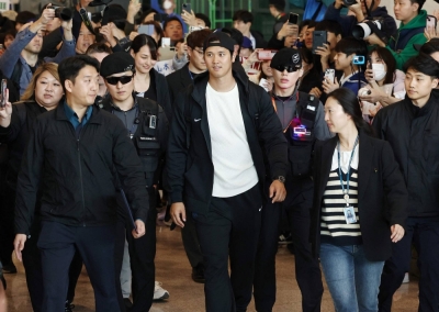 Los Angeles Dodgers star Shohei Ohtani arrives at Incheon International Airport in South Korea ahead of the MLB's Seoul Series, on Friday.