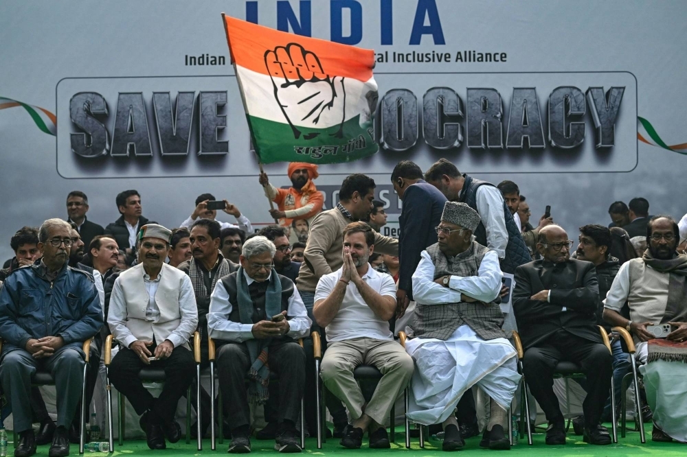 Indian National Congress party leader Rahul Gandhi (center) with other party leaders of the I.N.D.I.A alliance in New Delhi in December 2023.