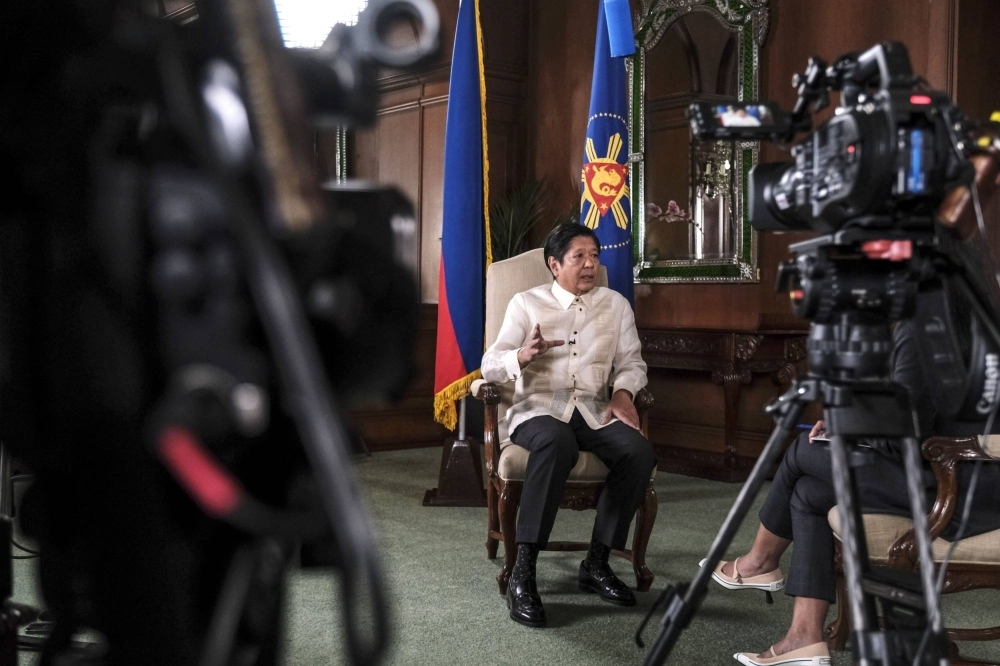 Ferdinand Marcos Jr., Philippines' president, speaks during an interview in Manila on Tuesday. Marcos said the threat to his nation from China's sweeping claims in the South China Sea is growing but argued that his government's efforts to assert sovereignty over disputed areas aren't meant to start a conflict by "poking the bear." 