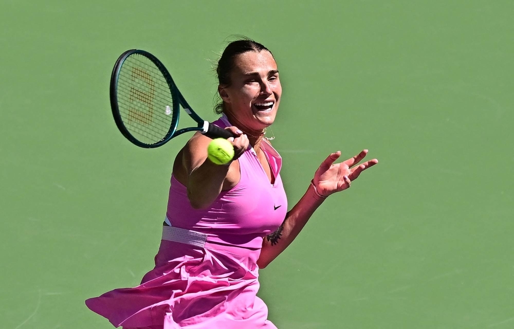 Belarus' Aryna Sabalenka hits a forehand during a match at Indian Wells on March 13. 