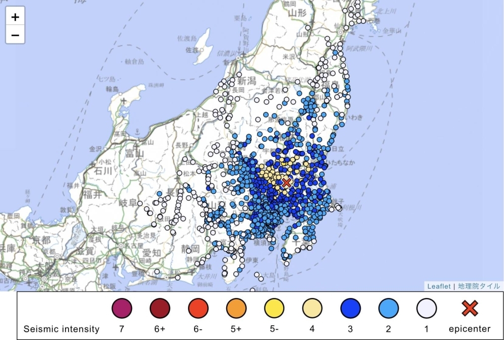 A map from the Japan Meteorological Agency displays the shindo intensity of the quake that struck the Kanto region at 9:08 a.m. on Thursday.
