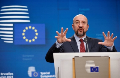 European Council President Charles Michel during a news conference in Brussels on Feb. 1