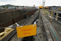 A sign reading "Dry Chamber" during the periodical maintenance of the West Lane of Pedro Miguel locks at the Panama Canal in May 2023 | REUTERS