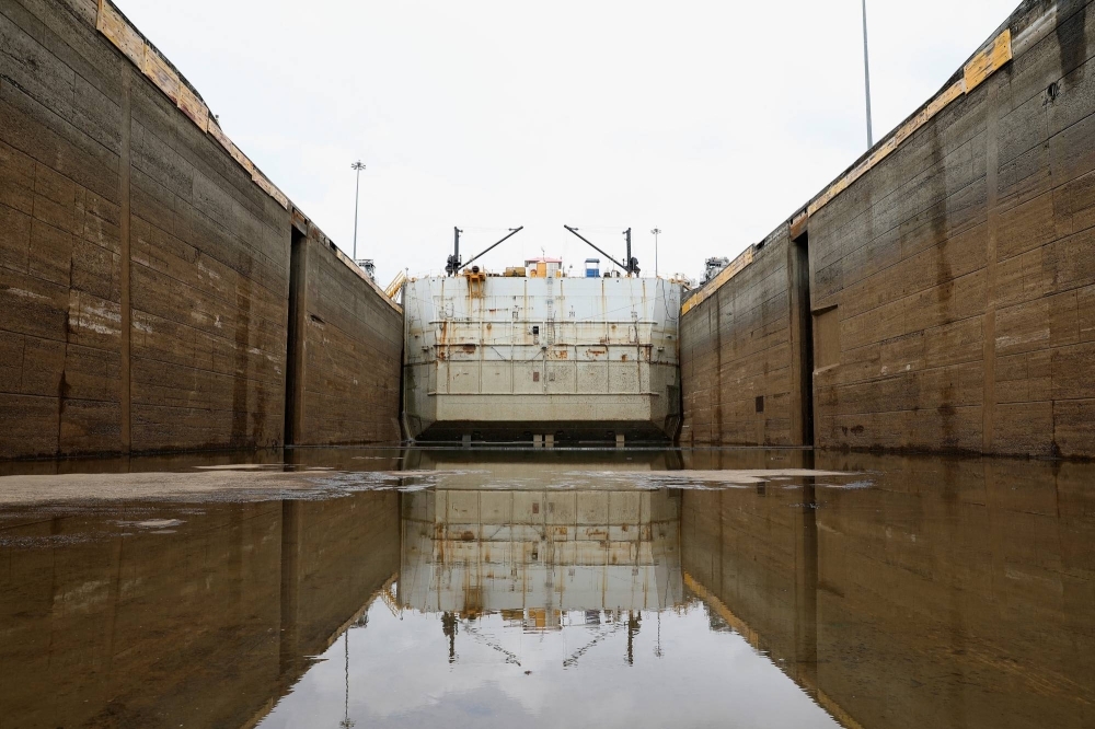 The dry chamber of the West Lane of Pedro Miguel locks during its periodical maintenance at the Panama Canal in May 2023