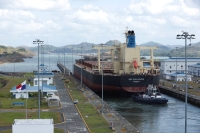 The Monrovia NSU Challenger bulk carrier transits the expanded canal through the Cocoli Locks of the Panama Canal in April 2023. | REUTERS