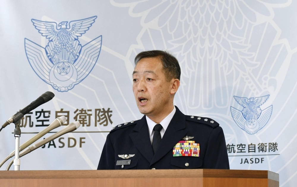 Gen. Hiroaki Uchikura, the Air Self-Defense Force's chief of staff, speaks during a news conference at the Defense Ministry on Thursday.