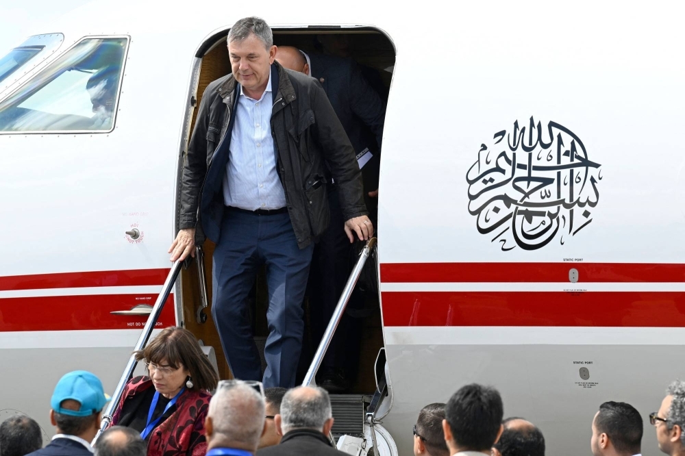 UNRWA chief Philippe Lazzarini arrives in Egypt, near the border with the Gaza Strip, on Saturday. 
