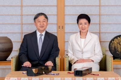 Emperor Naruhito poses for a photograph with Empress Masako at the Imperial Palace in Tokyo in February. 
