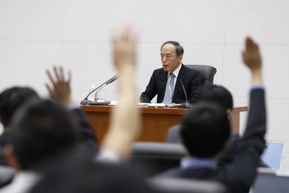 BOJ Gov. Kazuo Ueda takes questions during a news conference. The bank's monetary policy overhaul announced last week was known by some Japanese media before it was made public.