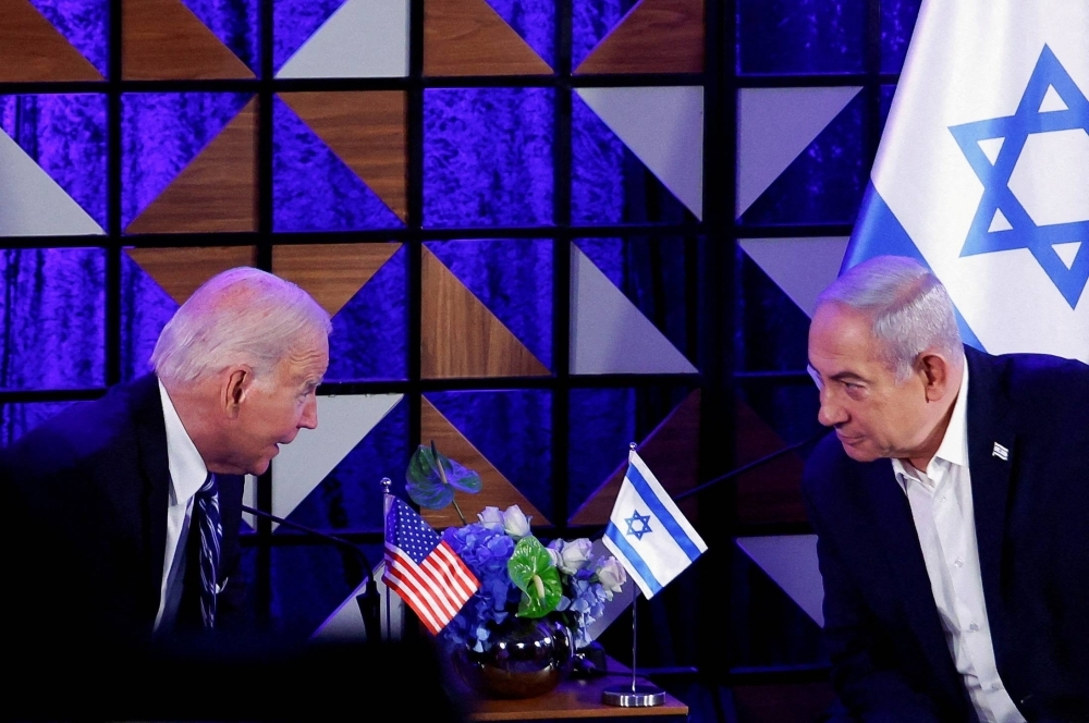 U.S. President Joe Biden attends a meeting with Israeli Prime Minister Benjamin Netanyahu in Tel Aviv in October 2023.