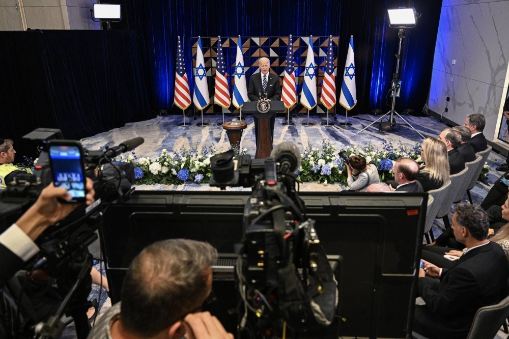 U.S. President Joe Biden delivers remarks after meeting with Israeli Prime Minister Benjamin Netanyahu and his war cabinet in Tel Aviv in October 2023.