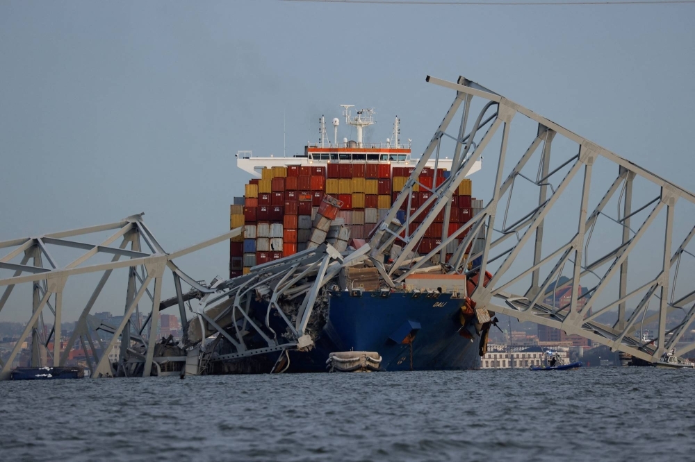 A view of the Dali cargo vessel that crashed into the Francis Scott Key Bridge causing it to collapse in Baltimore, Maryland, on Tuesday.