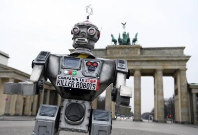 Activists opposed to lethal autonomous weapons, or so-called killer robots, protest in Berlin in March 2019. 