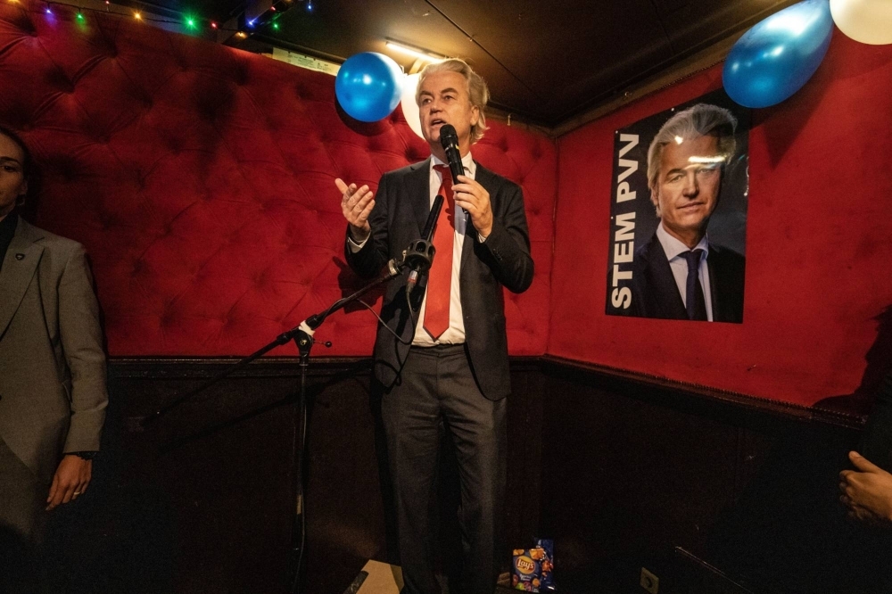 Geert Wilders, leader of the Dutch Freedom Party (PVV), speaks at an election night party in The Hague, Netherlands, on Nov. 22, 2023. The resounding victory of far-right ideologue illustrates the shift in public opinion in the Netherlands since 2022.