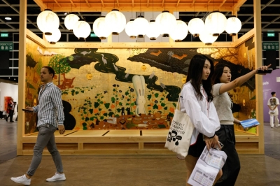 An installation titled "Ukiyo-e" by Atsushi Kaga is displayed at Art Basel in Hong Kong on Tuesday. 