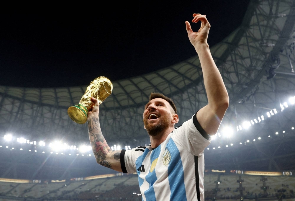 Argentina's Lionel Messi celebrates winning the FIFA World Cup in Qatar in December 2022. 