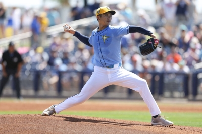 Former Tampa Bay Rays pitcher Naoyuki Uwasawa ton the mound against the Baltimore Orioles in a Spring Training game in Port Charlotte, Florida, on March 15. 