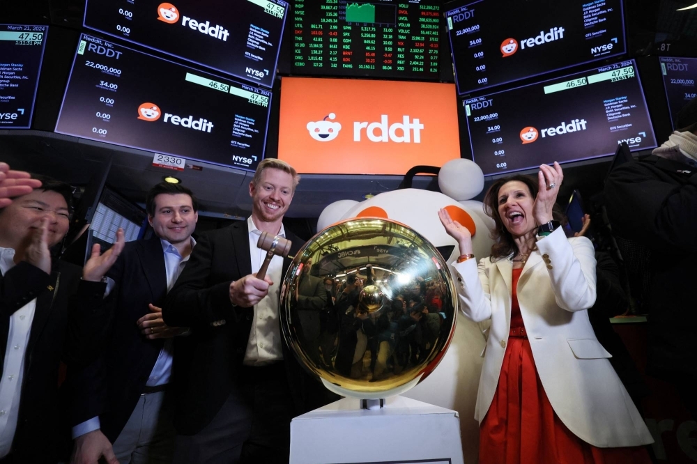 Reddit CEO Steve Huffman rings a ceremonial bell at the New York Stock Exchange (NYSE) to celebrate the company's initial public offering on March 21.