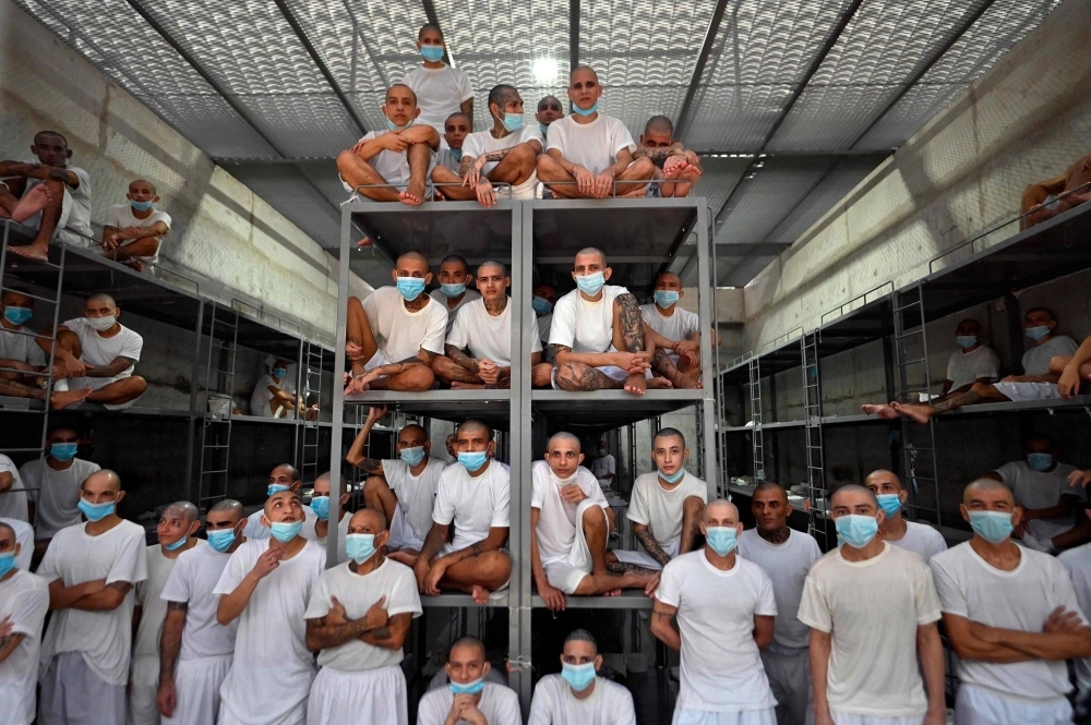 Inmates in a cell at the Counter-Terrorism Confinement Centre mega-prison southeast of San Salvador on Aug. 21, 2023.