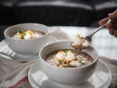 The soup is a simple version of classic French onion, and topping it with dried and grilled 'mochi' (rice cake), itself a single ingredient product, is a fun twist but can easily be switched out for traditional cheesy croutons. 