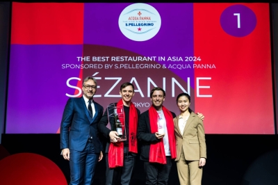 Daniel Calvert accepted the award for Asia's best eatery on behalf of Sezanne, a French restaurant at the Four Seasons Hotel Tokyo at Marunouchi.