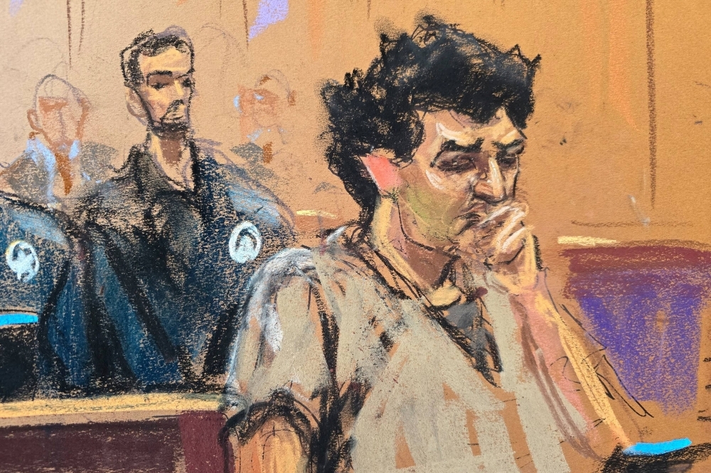 FTX co-founder Sam Bankman-Fried attends his sentencing hearing at Federal Court in New York on Thursday in this courtroom sketch. 