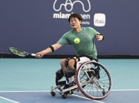 Shingo Kunieda competes during the Miami Open Wheelchair Invitational in Miami on Wednesday. | Getty / via Kyodo