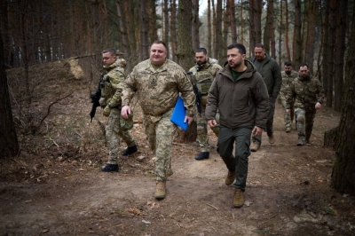 Ukrainian President Volodymyr Zelenskyy inspects new fortifications for Ukrainian servicemen, near the Russian border in Ukraine's Sumy region, on Wednesday. 