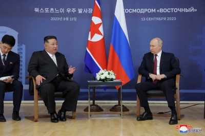 Russian President Vladimir Putin and North Korean leader Kim Jong Un attend a meeting at the Vostochny Cosmodrome in Russia's far eastern Amur region last September. 