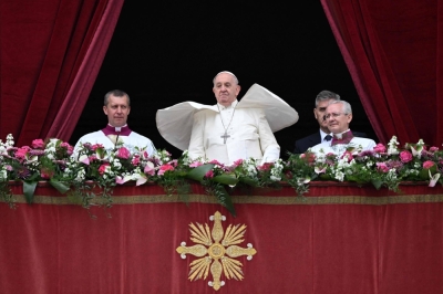 Pope Francis gives the Easter Urbi et Orbi message from St. Peter's basilica in the Vatican on Sunday. 