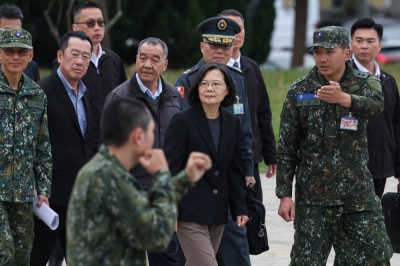 Taiwan president Tsai Ing-wen visits army bases ahead of the Lunar New Year in Hsinchu, Taiwan, on Feb. 6. Over 400 stories portraying Taiwan's military exercises as rehearsals for its leadership to desert in the event of war have been uncovered by an NGO based on the island.