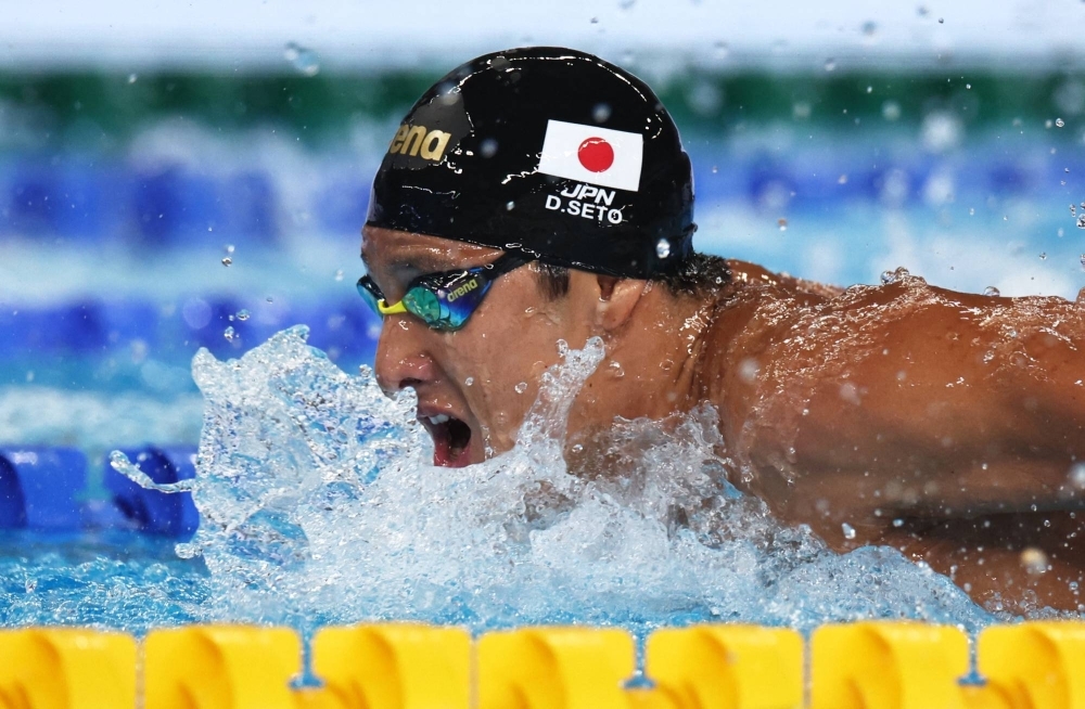 Daiya Seto in action during the men's 400m medley final at the World Aquatics Championships in Doha on Feb. 18.
