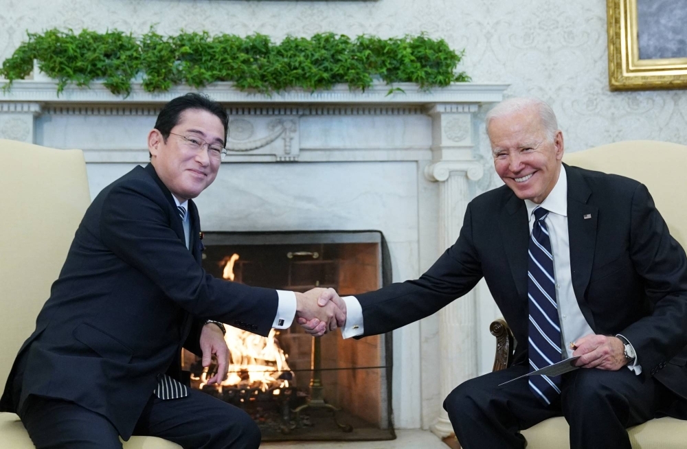 Prime Minister Fumio Kishida and U.S. President Joe Biden meet at the White House on Jan. 13, 2023. Kishida will hold talks with Biden in Washington on Wednesday. 