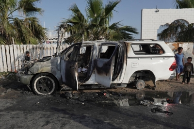 World Central Kitchen’s damaged vehicle hit by an Israeli strike in Deir al-Balah in the central Gaza Strip on Tuesday