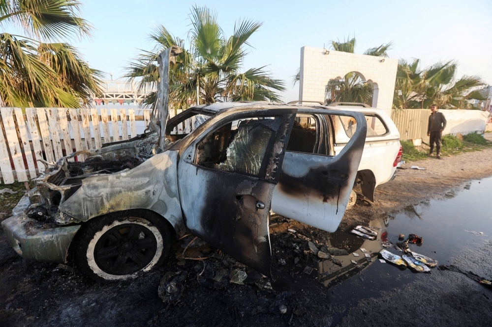 A vehicle where employees from the World Central Kitchen were killed in an Israeli airstrike in Deir Al-Balah, in the central Gaza Strip, on Tuesday