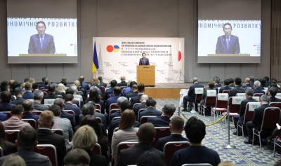 Prime Minister Fumio Kishida speaks during the Japan-Ukraine Conference for Promotion of Economic Growth and Reconstruction in Tokyo on Feb. 19.