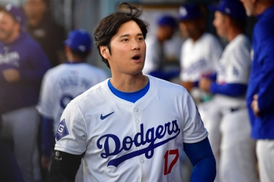Dodgers designated hitter Shohei Ohtani before playing against the San Francisco Giants at Dodger Stadium in Los Angeles on Wednesday