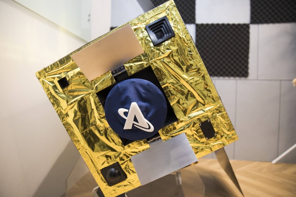 A prototype of the Astroscale Holdings ELSA-d in-orbit debris capture and removal craft is displayed at the company's office in Tokyo in December 2018.