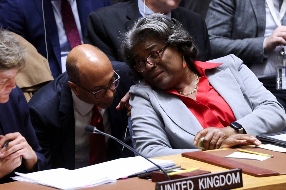 U.S. Ambassador to the United Nations Linda Thomas-Greenfield (right) at U.N. headquarters in New York in March