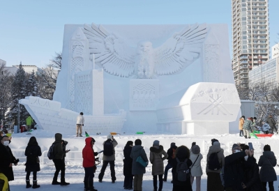 A large snow sculpture representing the National Ainu Museum and Park in Sapporo in 2020. The Japanese Society of Cultural Anthropology's apology marks the first time that an academic society in Japan or abroad has apologized to the Ainu people, according to the Ainu Association of Hokkaido. 